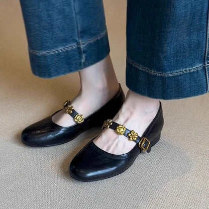 Damen Mary Jane Schuhe mit Blumendekor Komfortabsatz