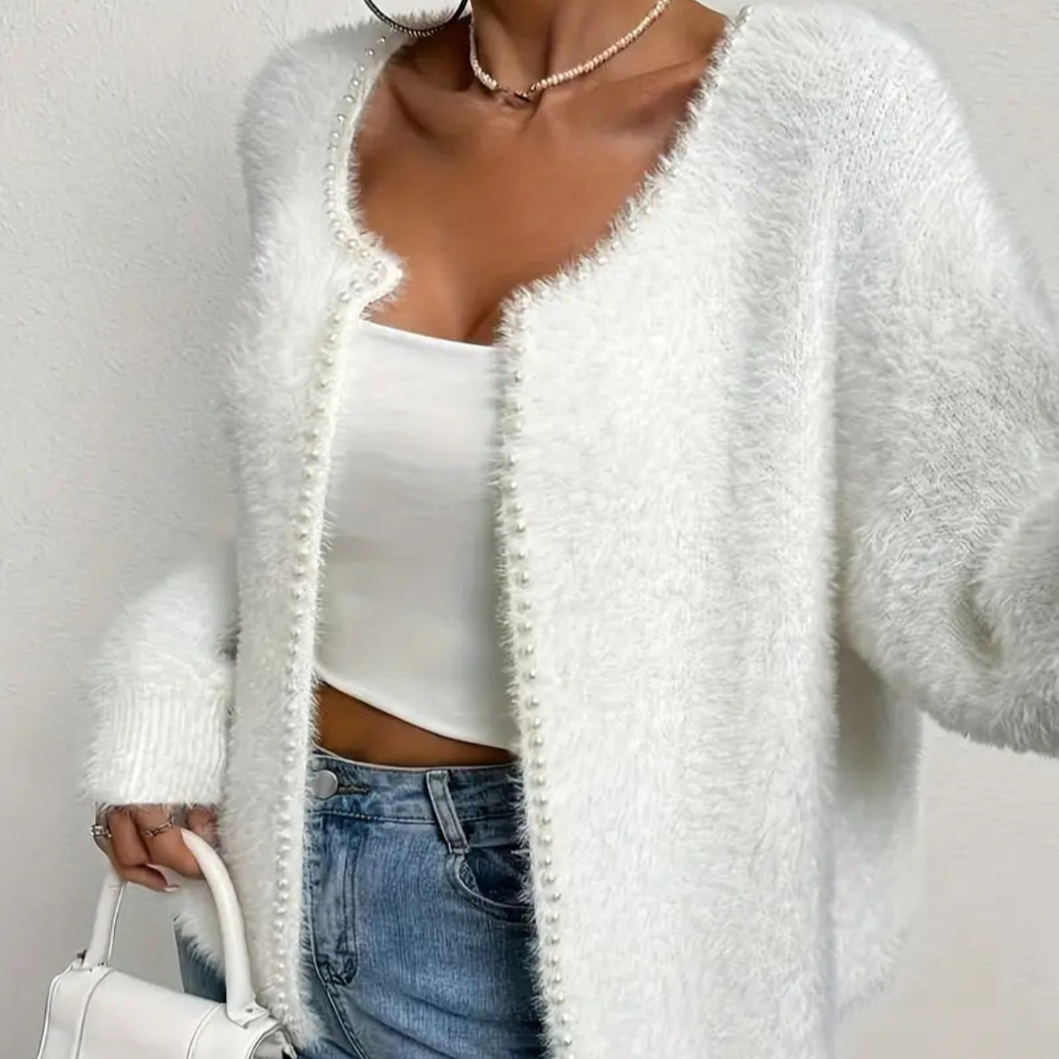 Damen Strickjacke Flauschig Perlen Verzierung