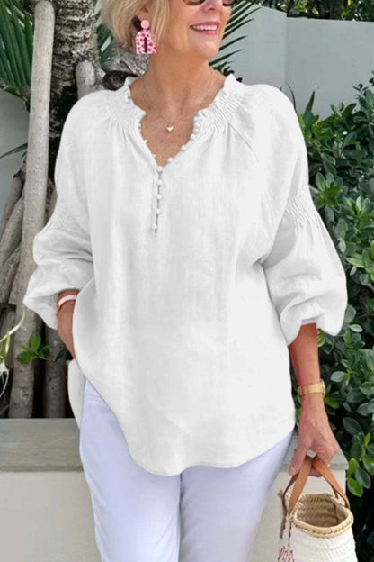 Damen Bluse Elastisch Puffärmel Mit Knöpfen