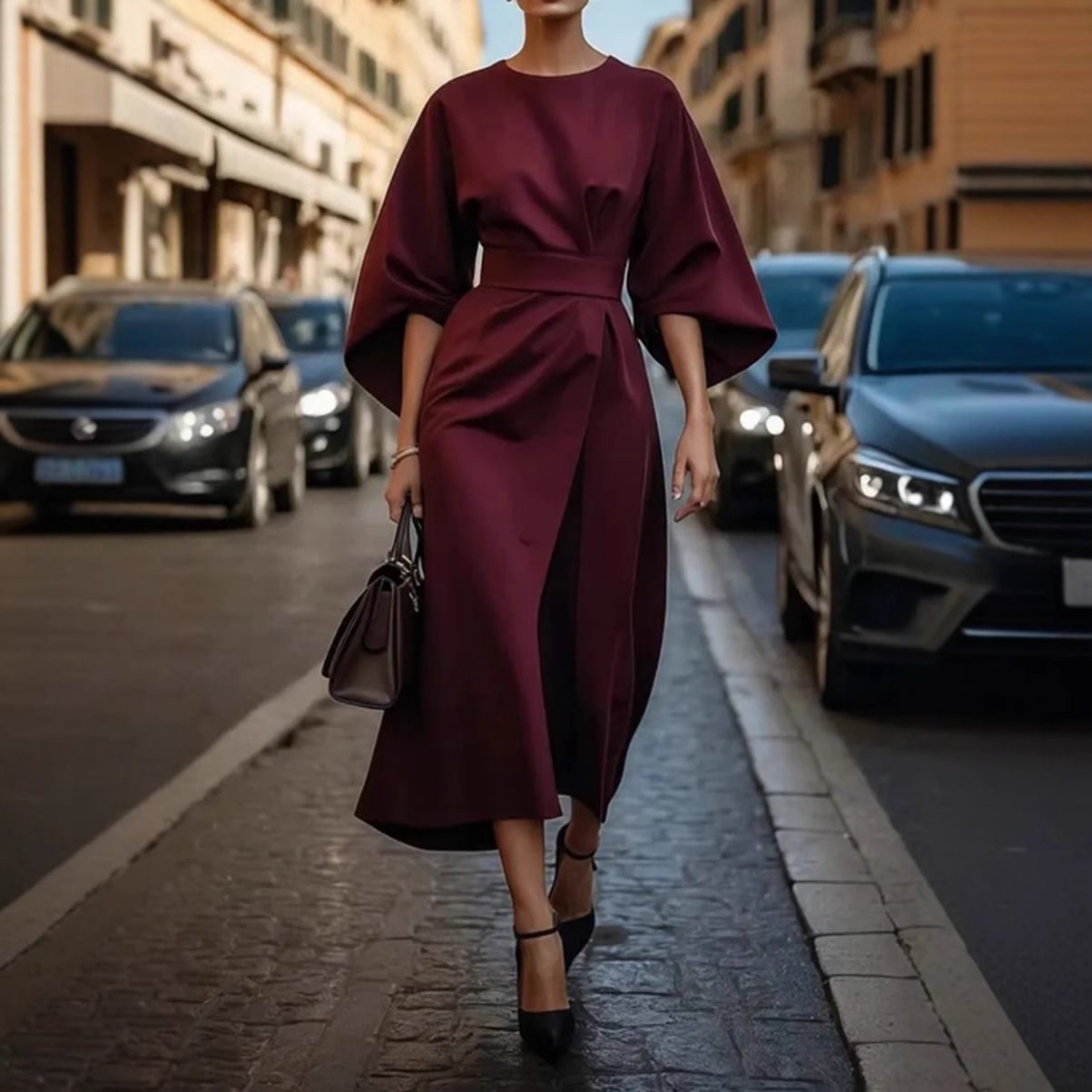 Damen Midikleid Puffärmel Elegant
