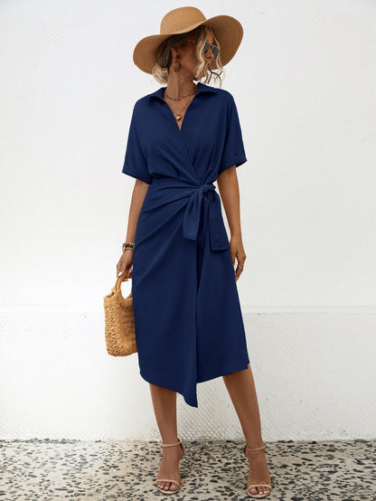Damen Wickelkleid Kragen Gürtel Elegantes Design