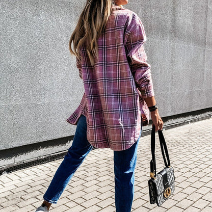 Damen Karobluse Mit Knöpfen Kariert Modern