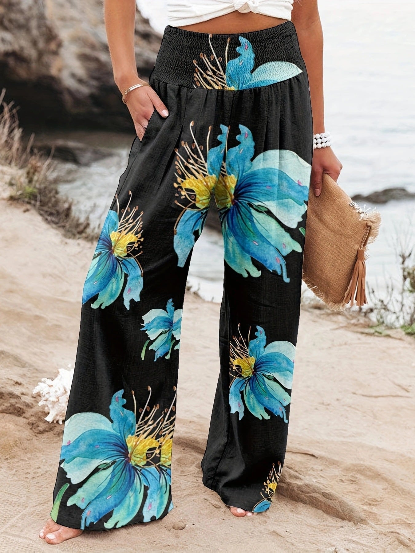 Damen Strandhose Bequem Elastisch Floral