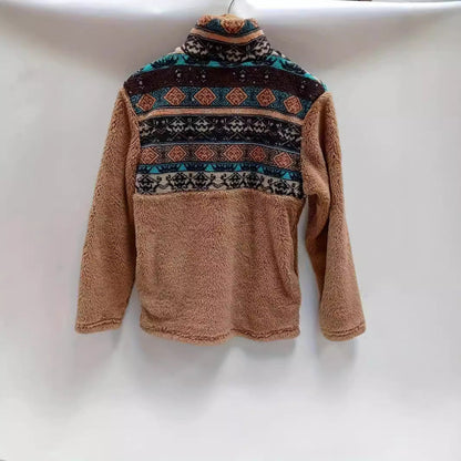 Damen Fleece Pullover Blumenmuster Halbhoch Reißverschluss