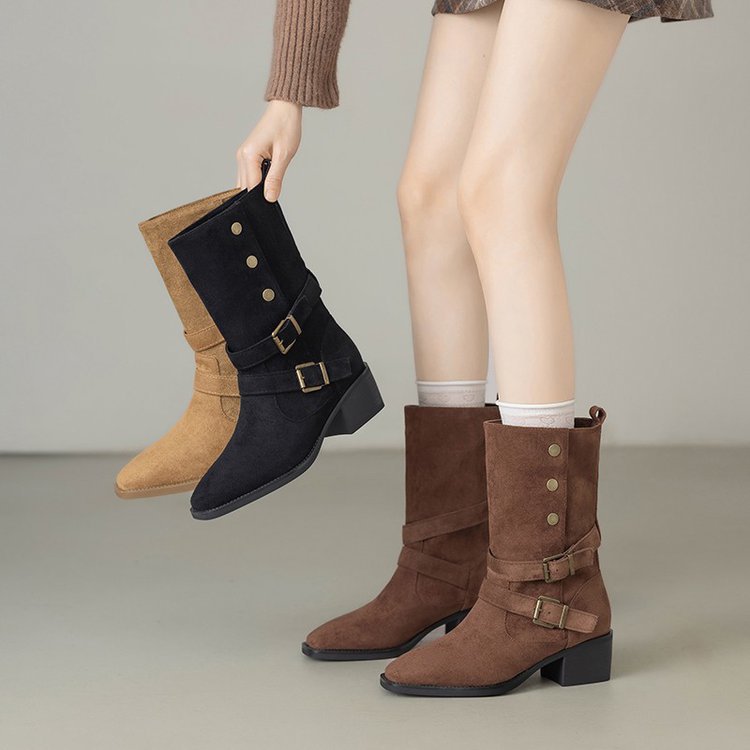 Damen Stiefeletten Robust Blockabsatz Verstellbar Schwarz - Norvielle