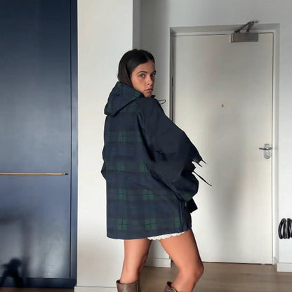 Damen Oversized Karo Jacke Mit Taschen Lässig
