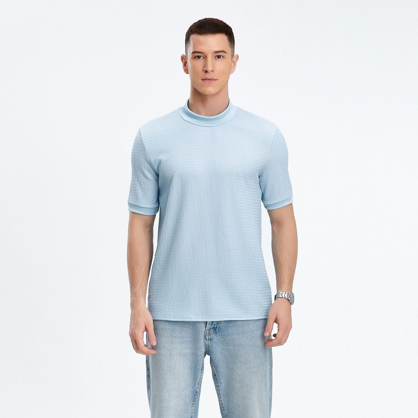 Herren T-Shirt Kurzarm Stehkragen Strukturstoff - Norvielle