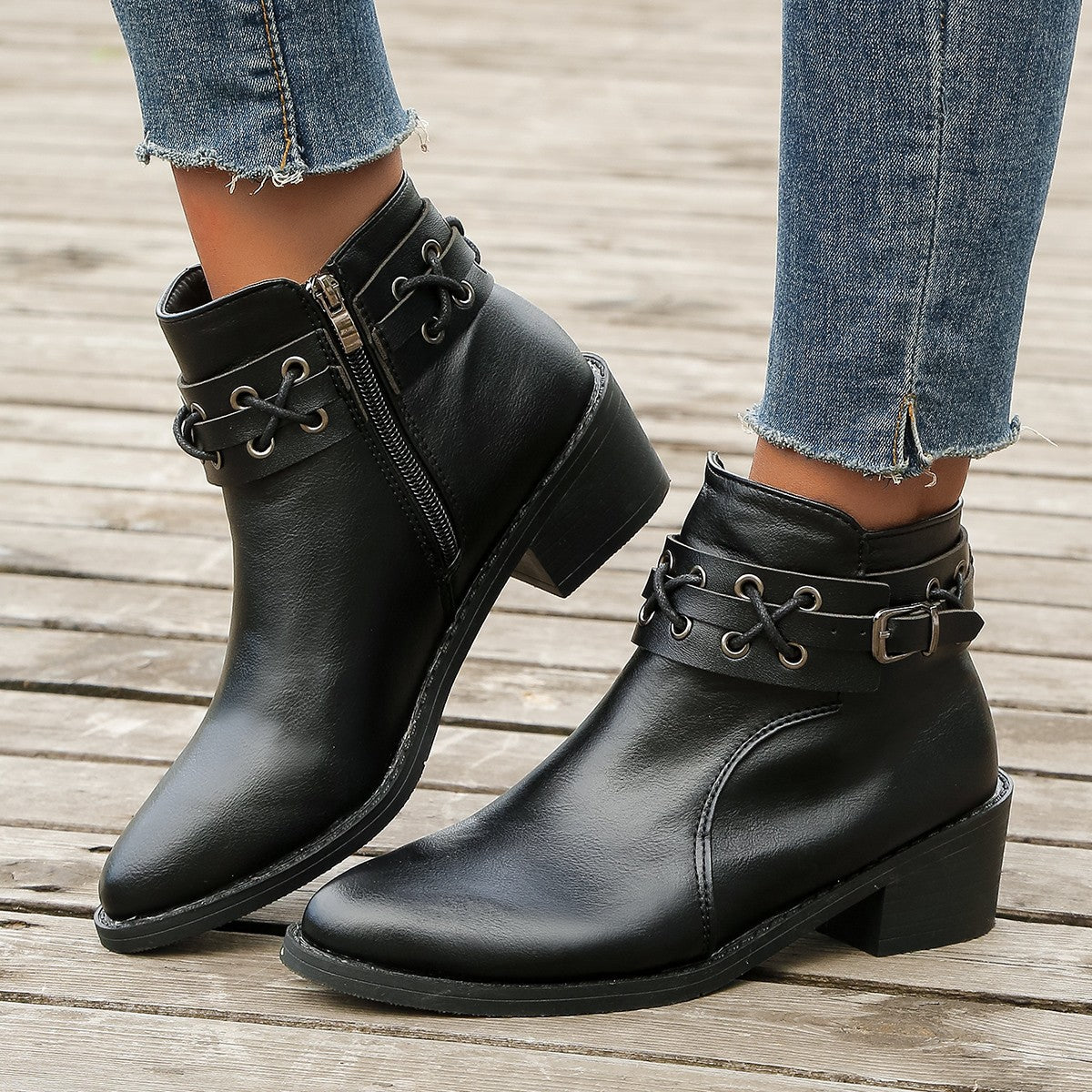 Damen Stiefeletten Schnür-Detail Leder