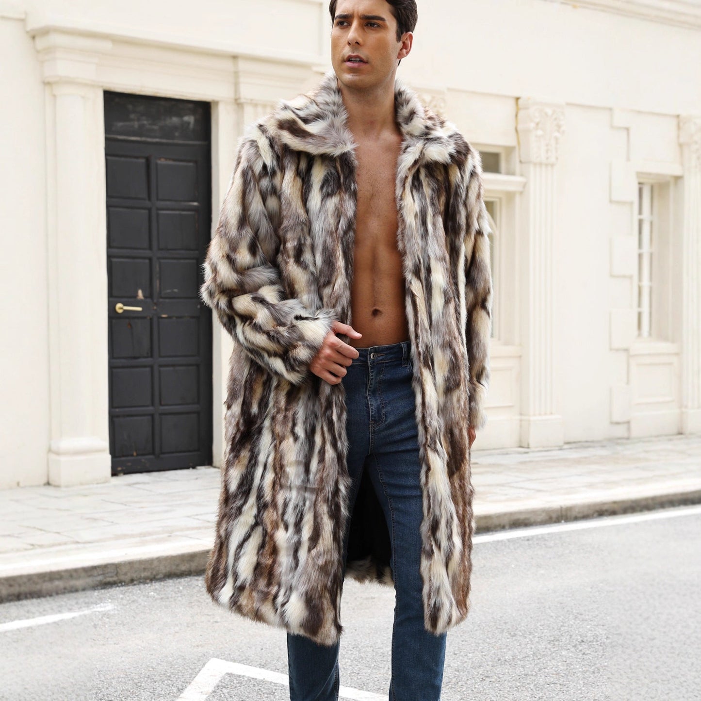 Herren Kunstpelzmantel Elegant Voluminöser Kragen Schwarz - Norvielle