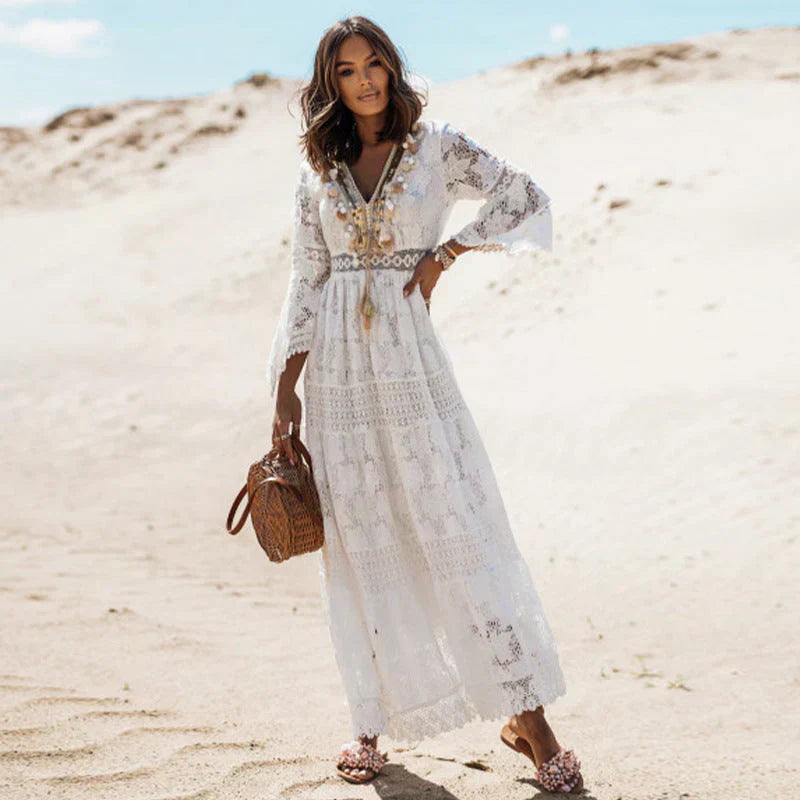 Damen Maxi-Kleid Langarm Boho-Stil Sommer