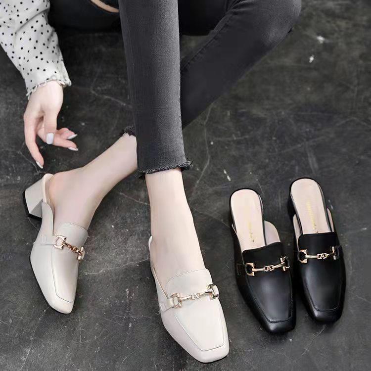Damen Mules Schuhe Blockabsatz Schnalle