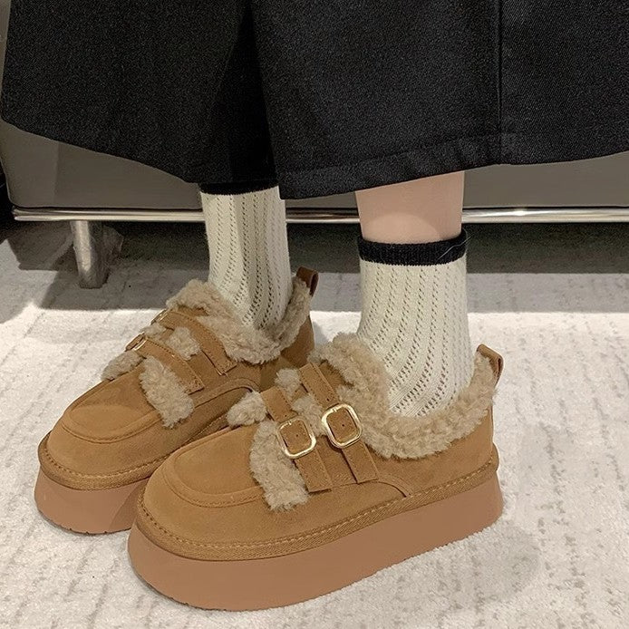 Damen Plateau Sneaker Kuschelig mit Schnallen