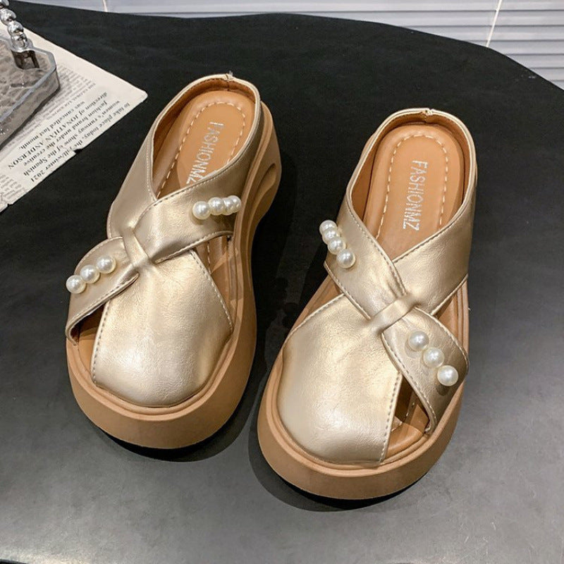 Damen Plateausandalen Perlen