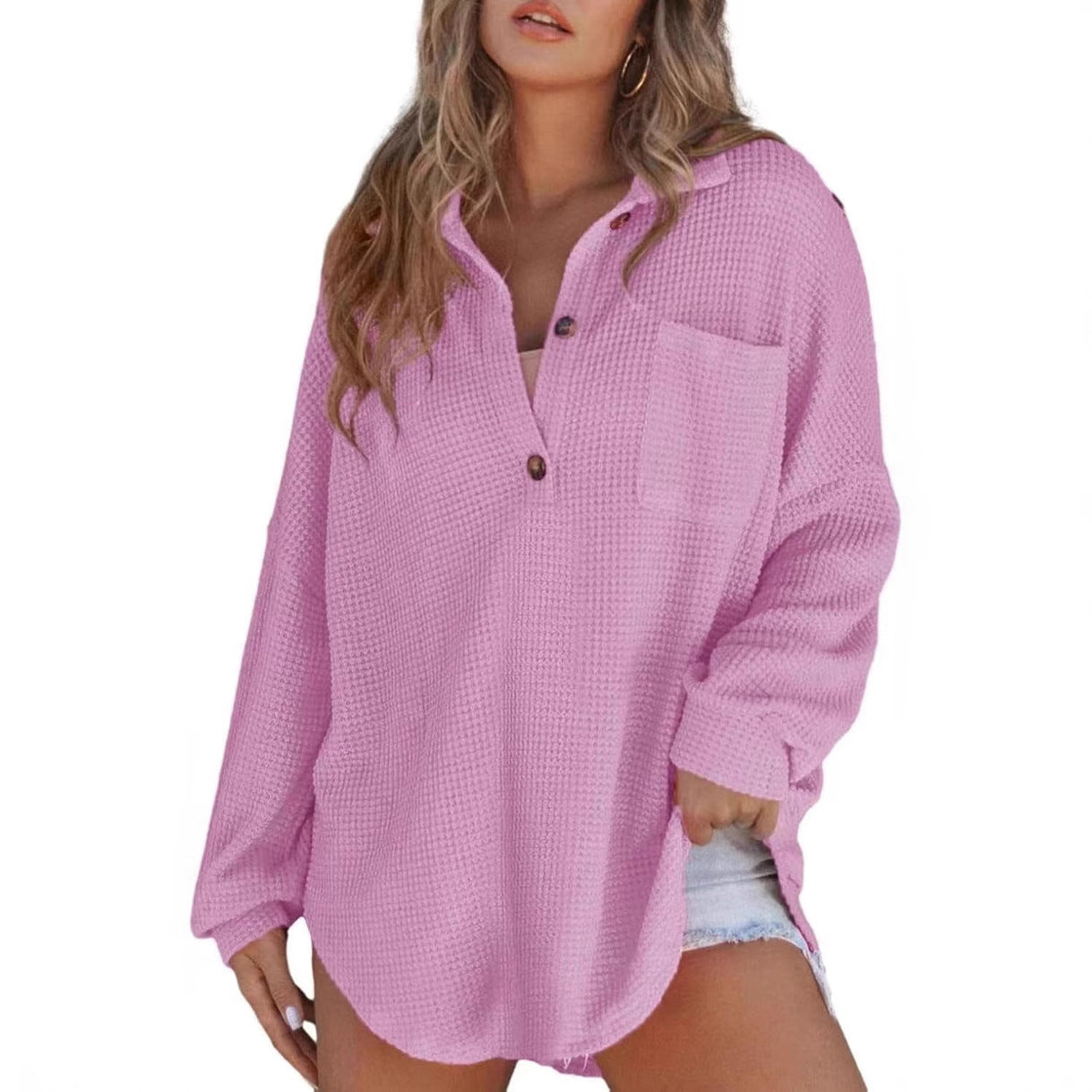 Damen Oversized Baumwollhemd mit Brusttasche und Knöpfen