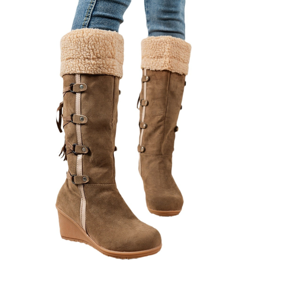 Damen Wedge Stiefel Kuschelig Schnürsenkel Hochzeitsfarbe e Schuhe