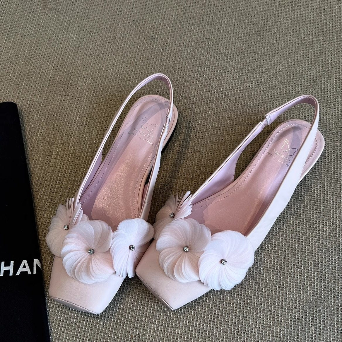 Damen Ballerinas Slingback mit Blumenapplikationen Komfortabsatz