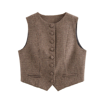 Damen Karo Weste Elegante Knopfleiste