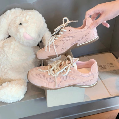 Damen Sneaker Sportlich Perlen Schnürsystem