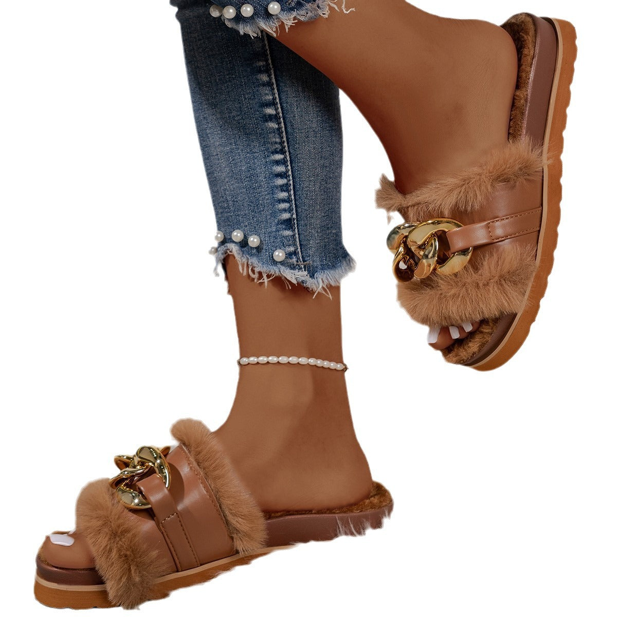 Damen Slides Sandalen Pelzbesatz Glitzerdetails