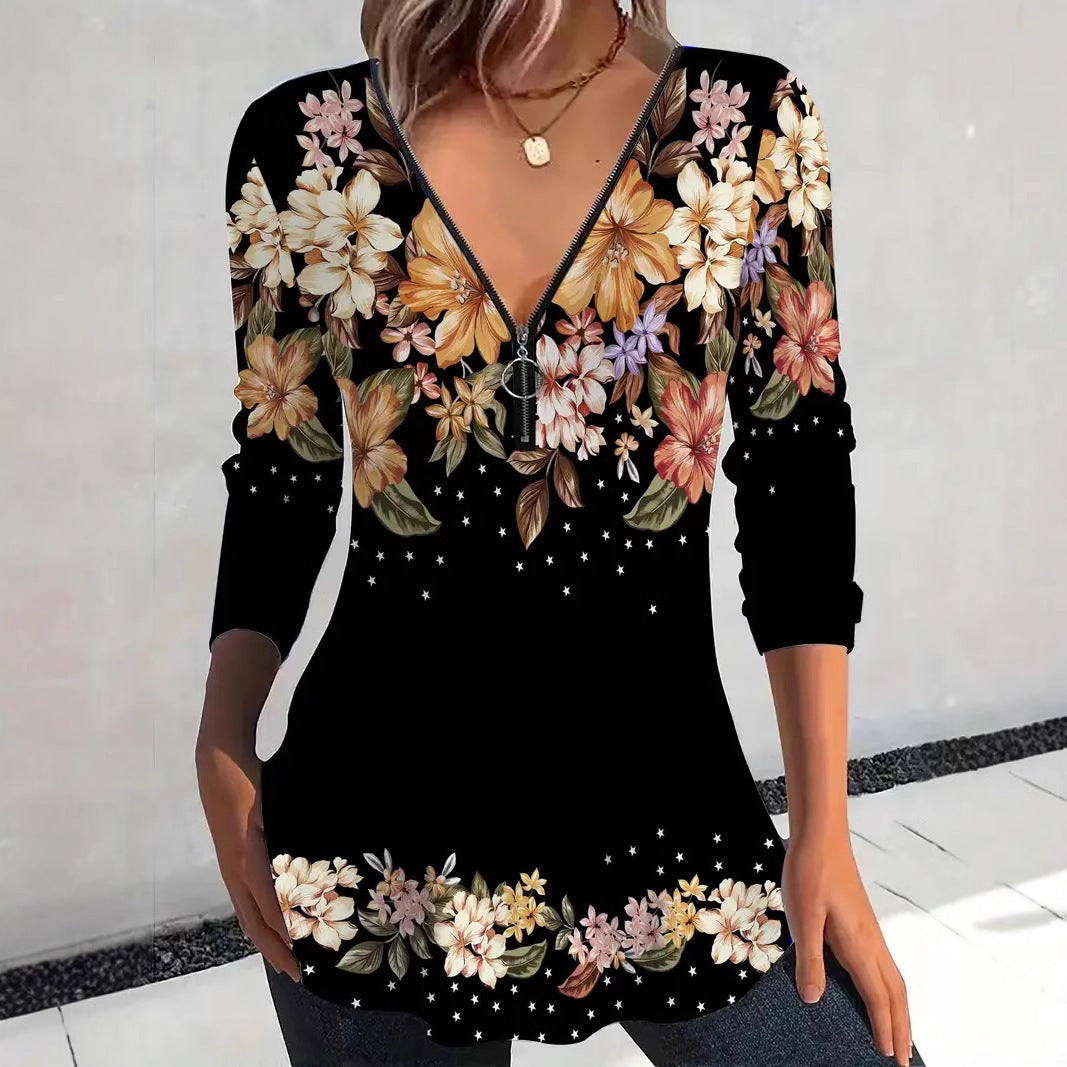 Damenbluse Floraldruck Modern Reißverschluss - Norvielle