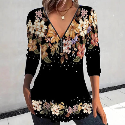 Damenbluse Floraldruck Modern Reißverschluss - Norvielle