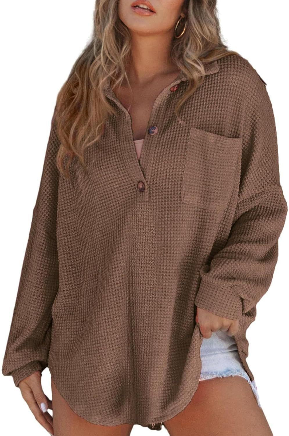 Damen Oversized Baumwollhemd mit Brusttasche und Knöpfen
