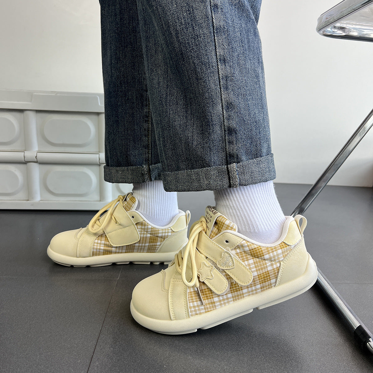 Damen Sneaker Kariert Klettverschluss Sportlich