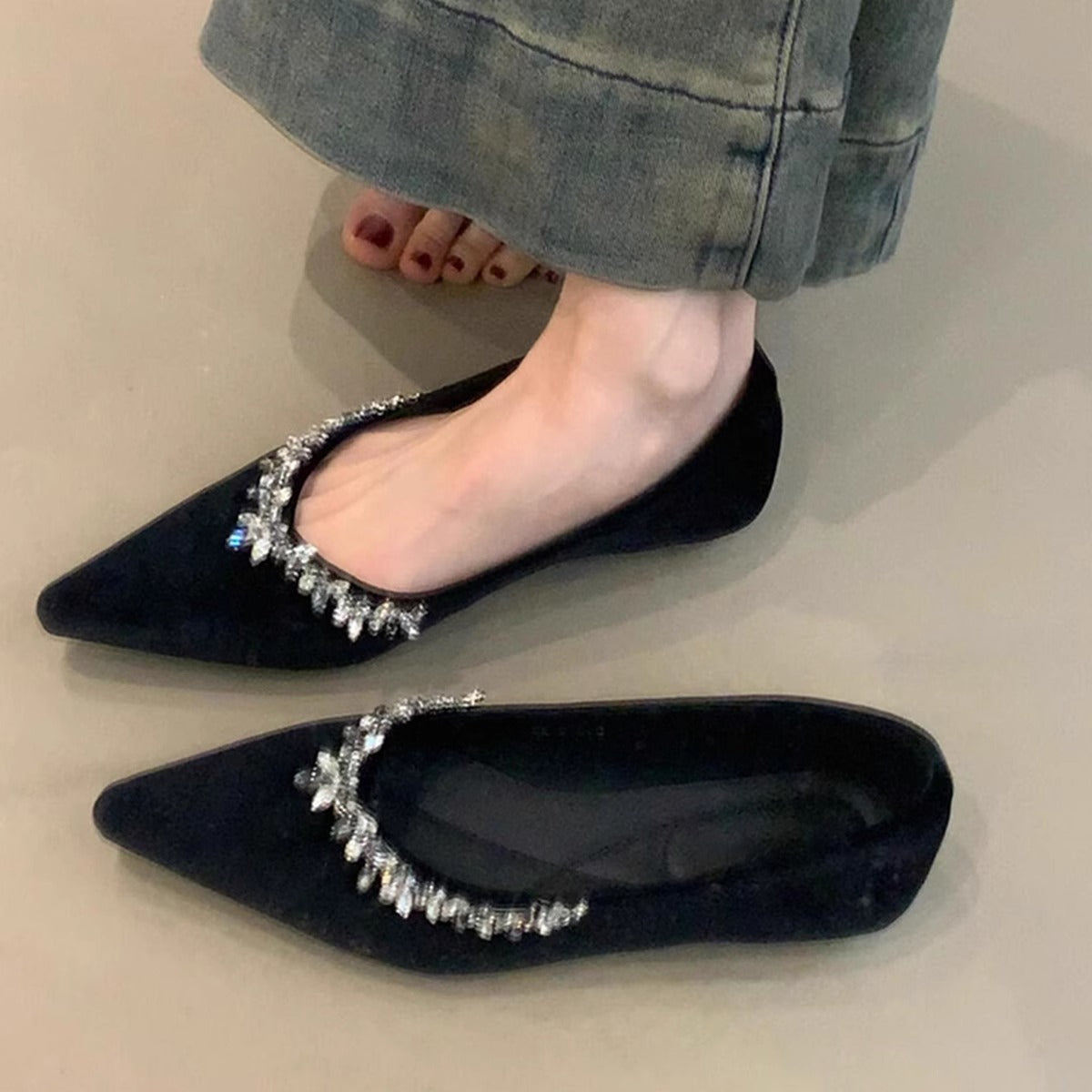 Damen Slipper Elegant Strass Schuhe Schwarz - Norvielle