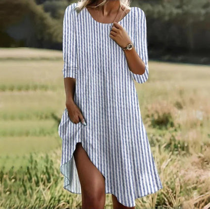 Damen Sommerkleid Streifenmuster Mit Seitenschlitz Leicht