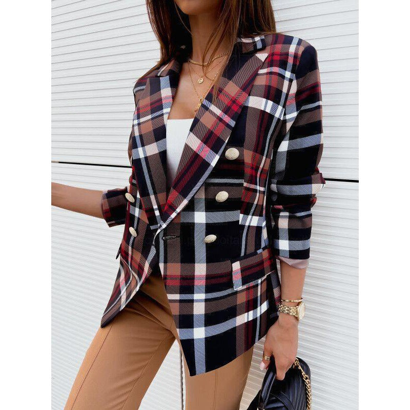 Damen Blazer Karierter Doppelreiher Elegant