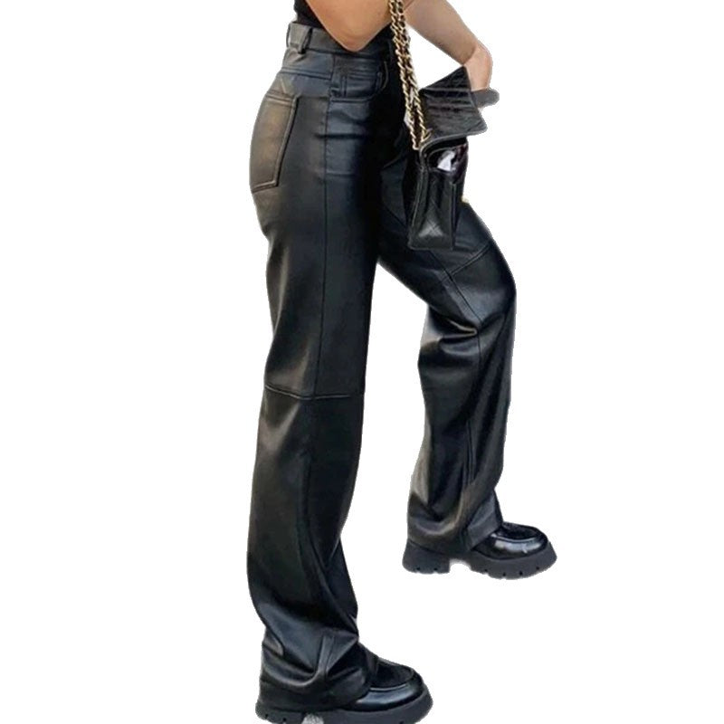 Damen Kunstlederhose Weitbein Elegant