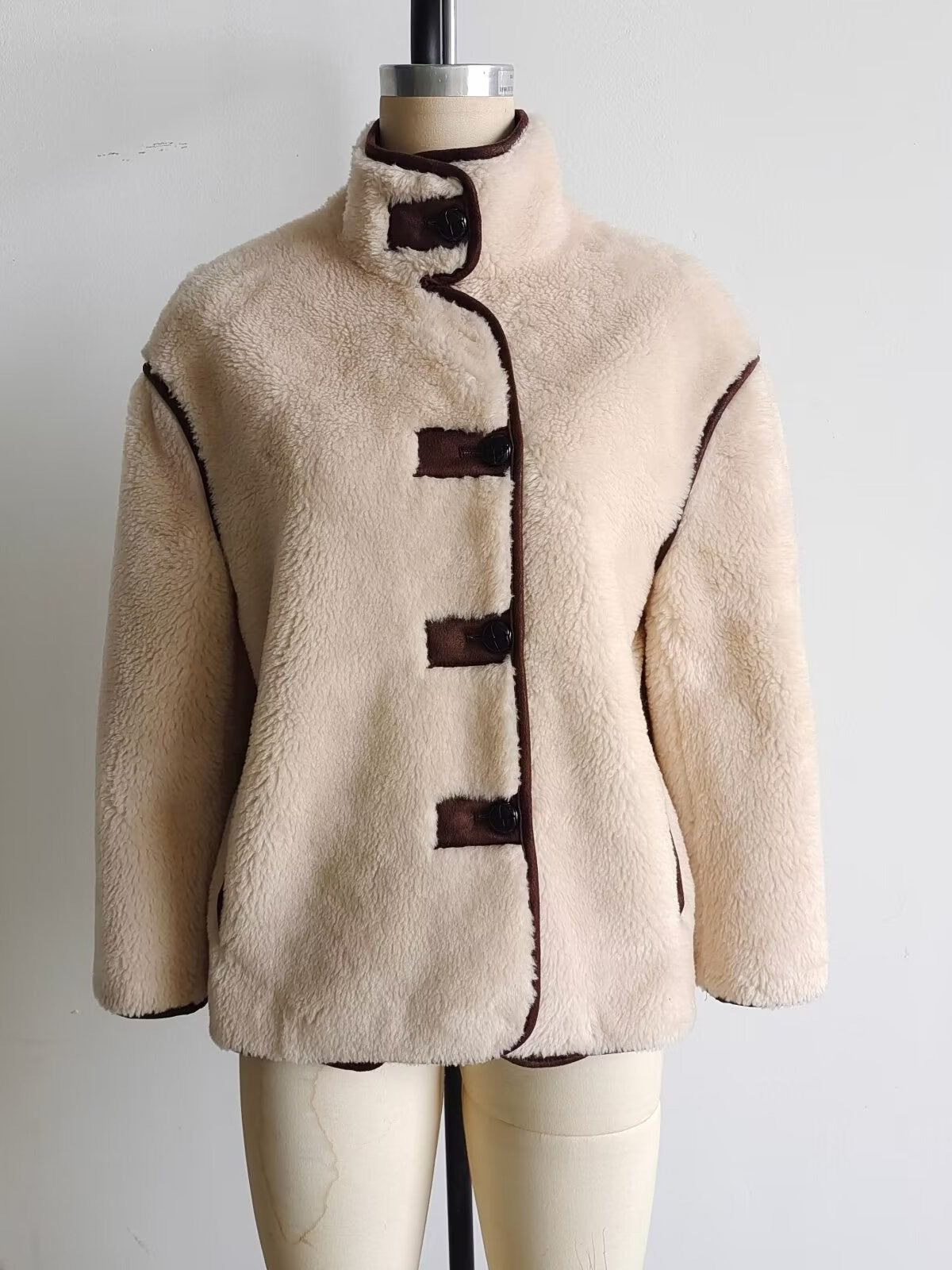Damen Teddyjacke Stehkragen Warm mit Taschen
