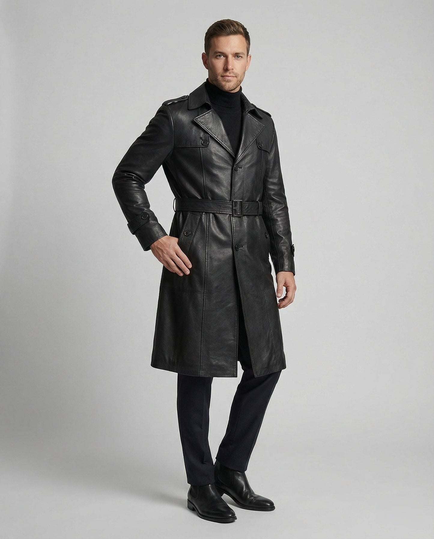 Herren Trenchcoat Slimfit Kunstleder Modern Schwarz - Norvielle