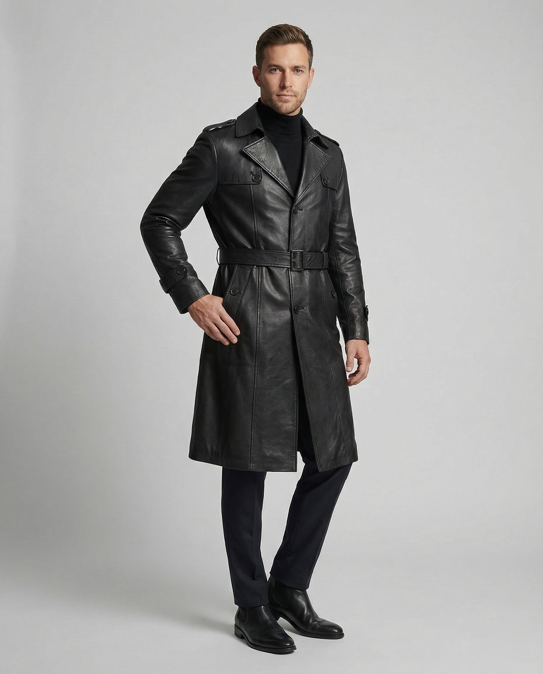 Herren Trenchcoat Slimfit Kunstleder Modern Schwarz - Norvielle