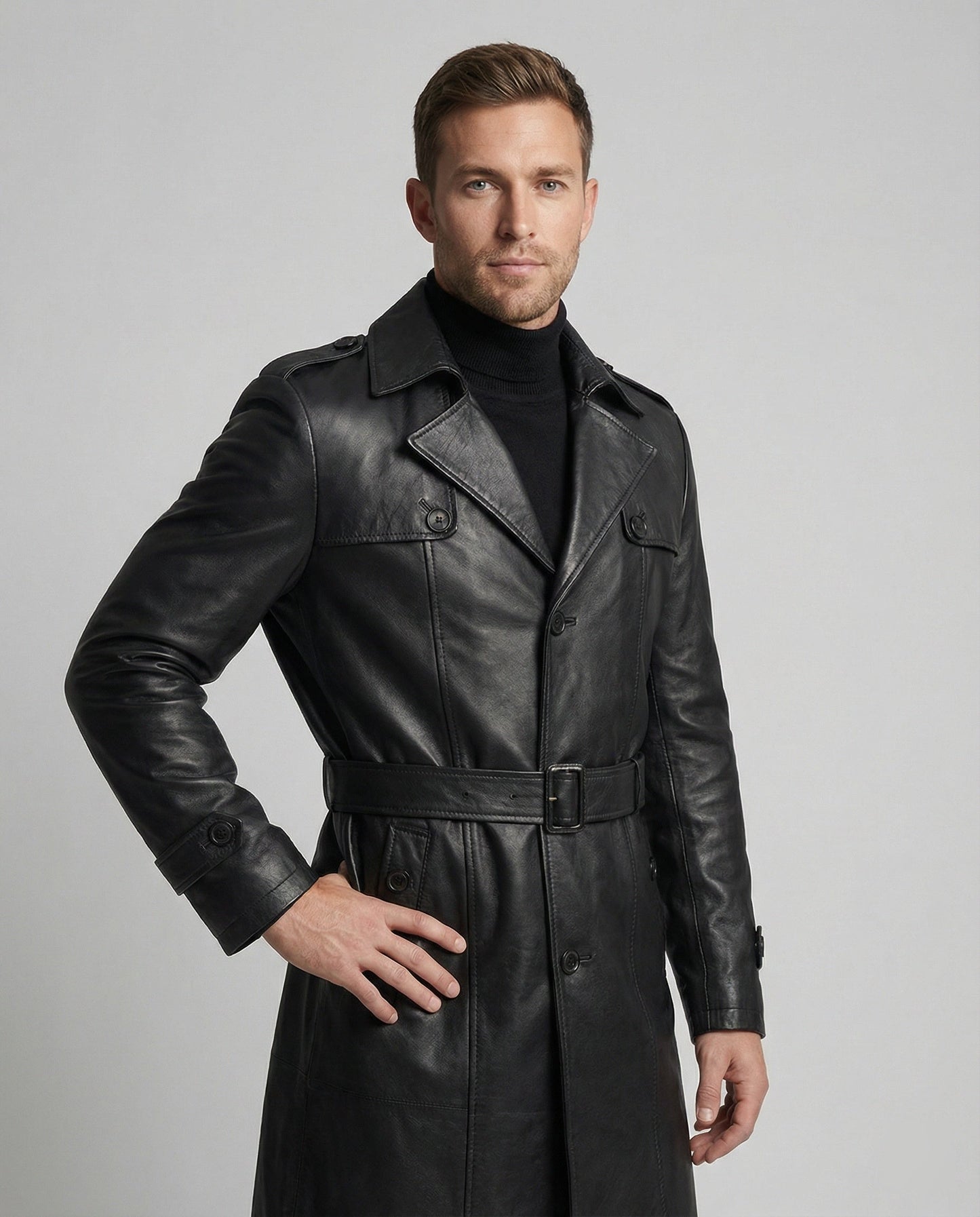 Herren Trenchcoat Slimfit Kunstleder Modern