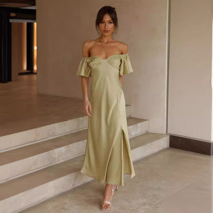 Damen Maxikleid mit Rüschendetails und Schlitz für den Sommer