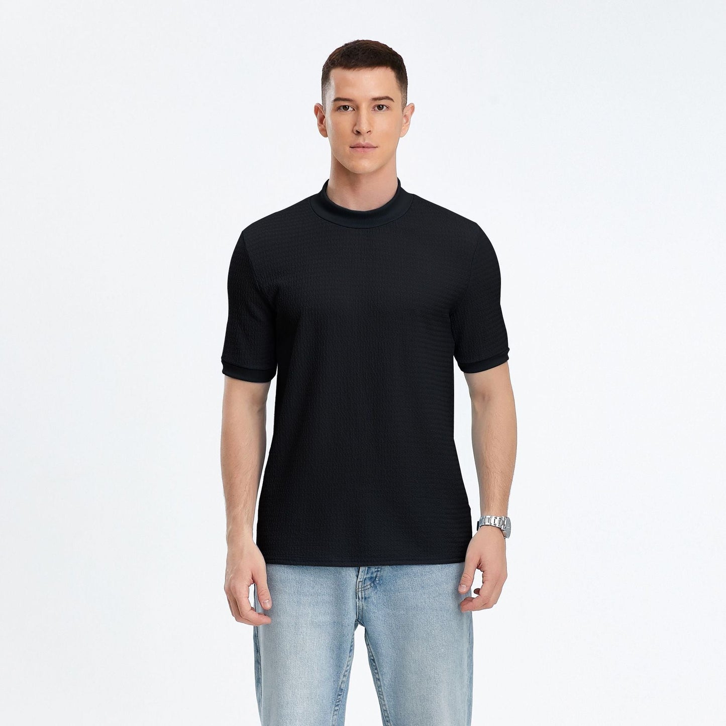 Herren T-Shirt Kurzarm Stehkragen Strukturstoff