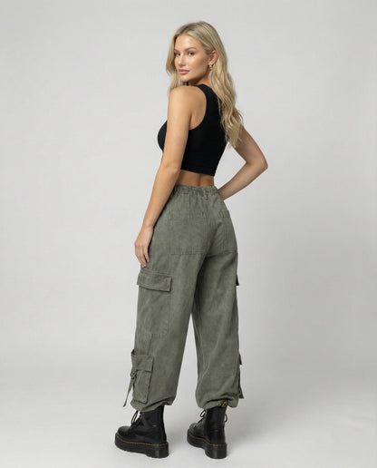 Damen Cargo-Hose Extrabreit Reißverschluss Taschen Verstellbare Bänder