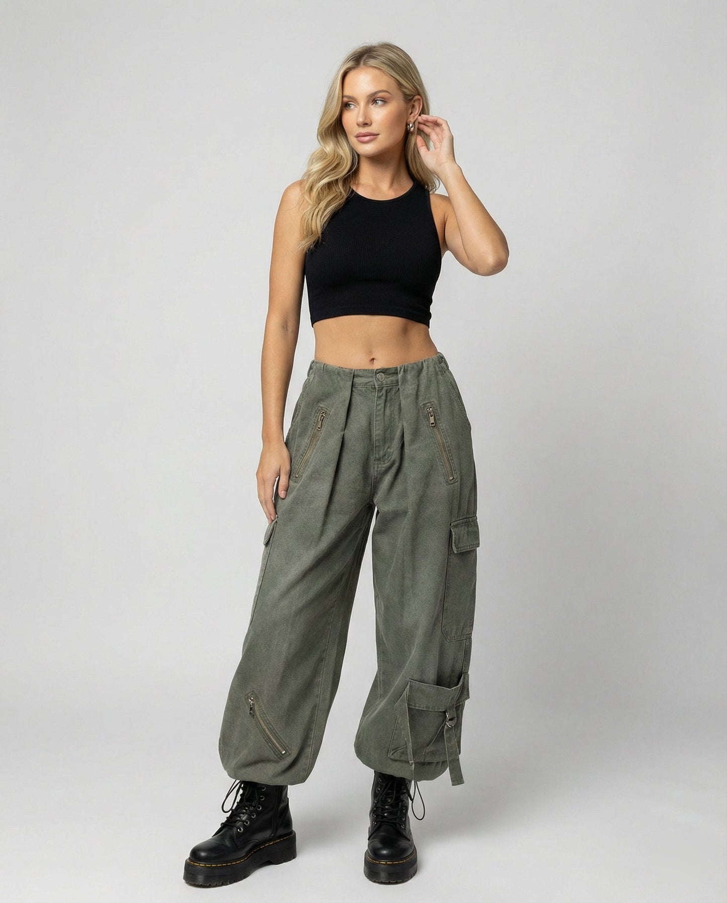 Damen Cargo-Hose Extrabreit Reißverschluss Taschen Verstellbare Bänder