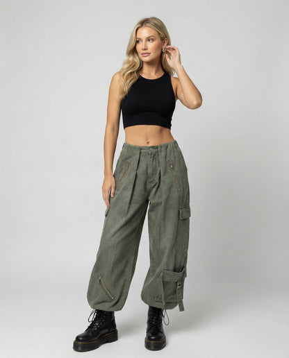 Damen Cargo-Hose Extrabreit Reißverschluss Taschen Verstellbare Bänder