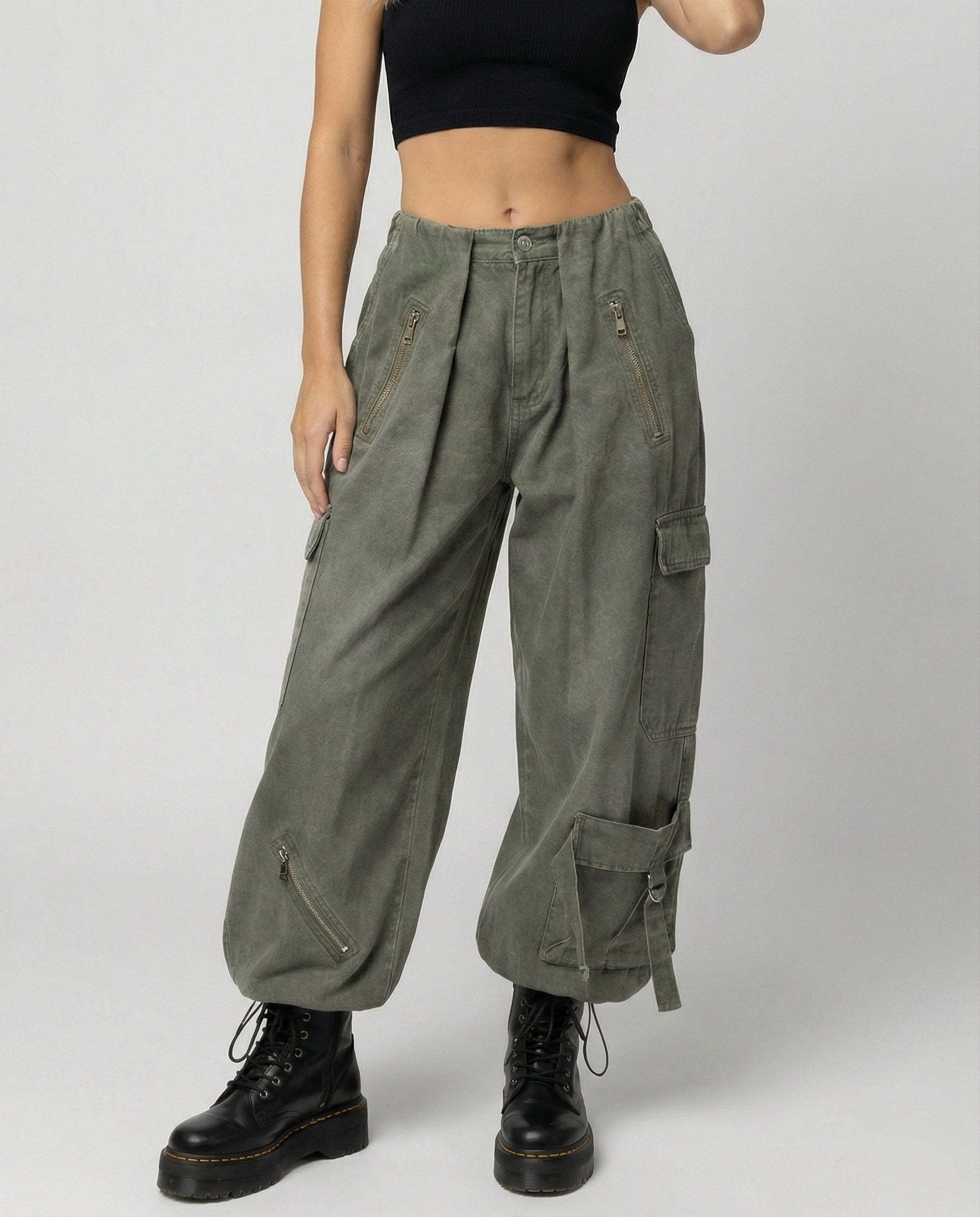 Damen Cargo-Hose Extrabreit Reißverschluss Taschen Verstellbare Bänder - Norvielle