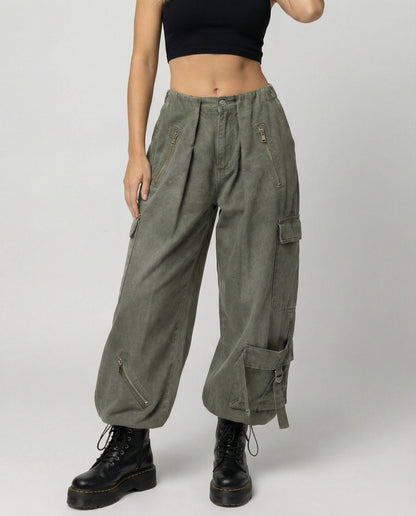 Damen Cargo-Hose Extrabreit Reißverschluss Taschen Verstellbare Bänder - Norvielle