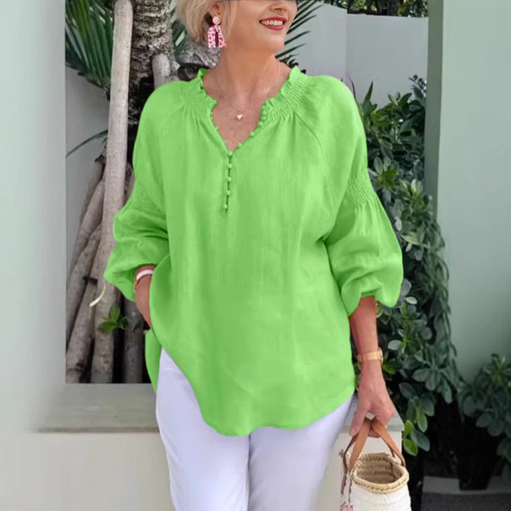 Damen Bluse Elastisch Puffärmel Mit Knöpfen