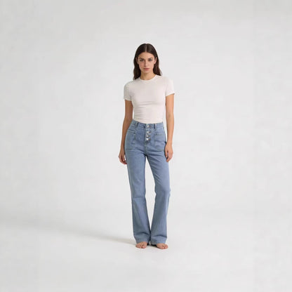 Damen High Waist Bootcut Jeans mit Knopfleiste