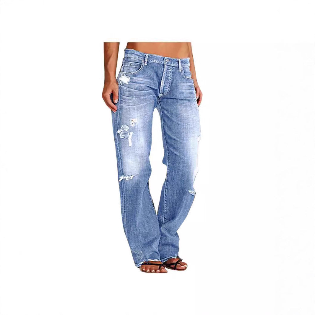 Damen Weitbein Jeans Destroyed Lässig Blau