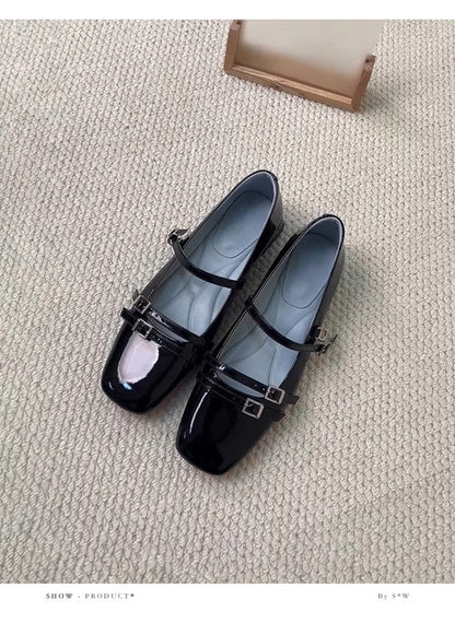 Damen Ballerinas Doppelriemen Glänzend