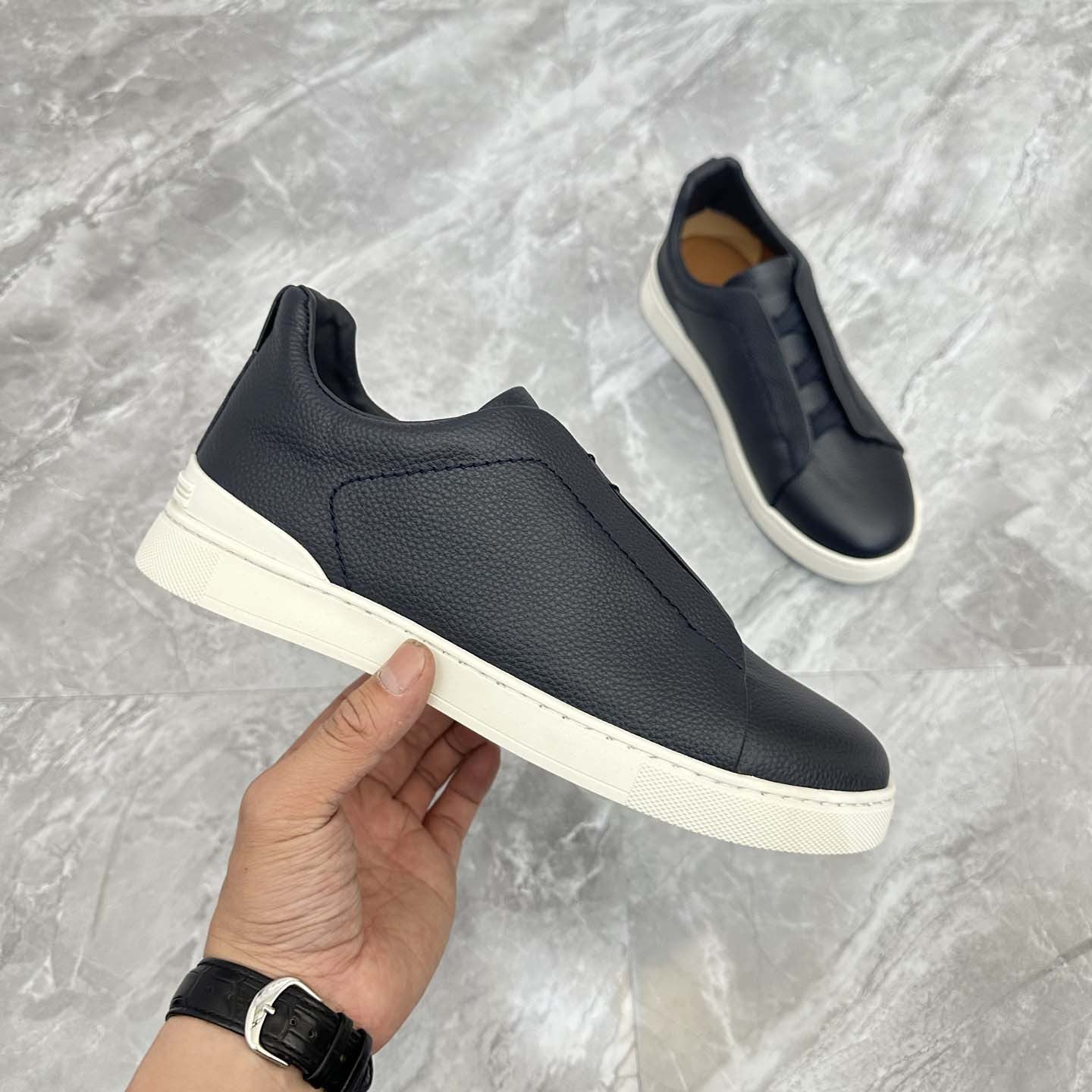 Damen Sneaker Slip-On Leder Schwarz Rutschfest - Norvielle