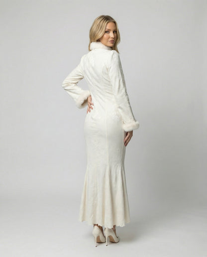 Damen Kleid Modern Stehkragen Pelzbesatz