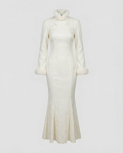 Damen Kleid Modern Stehkragen Pelzbesatz