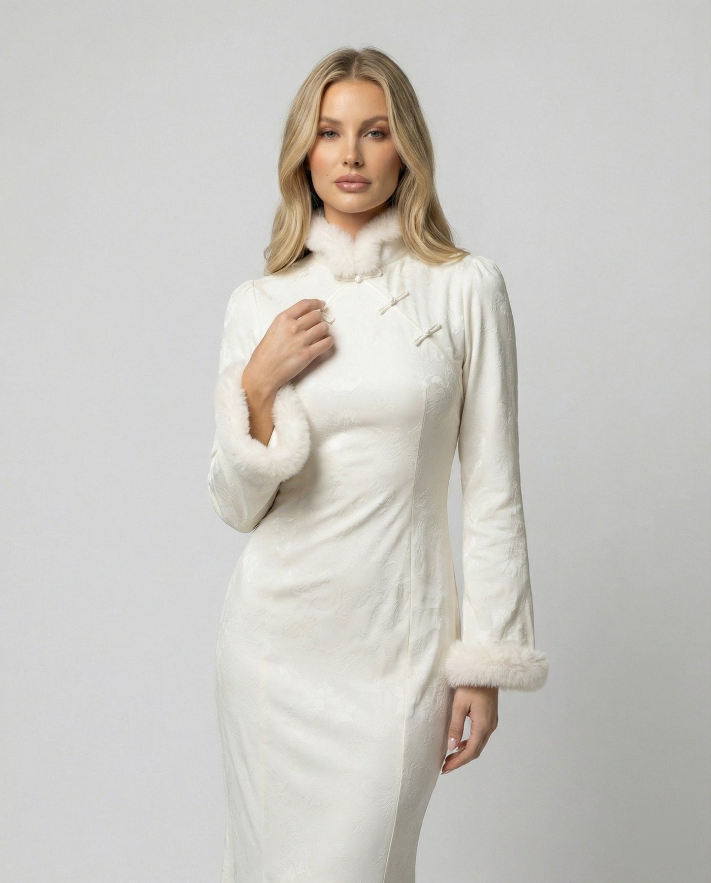 Damen Kleid Modern Stehkragen Pelzbesatz